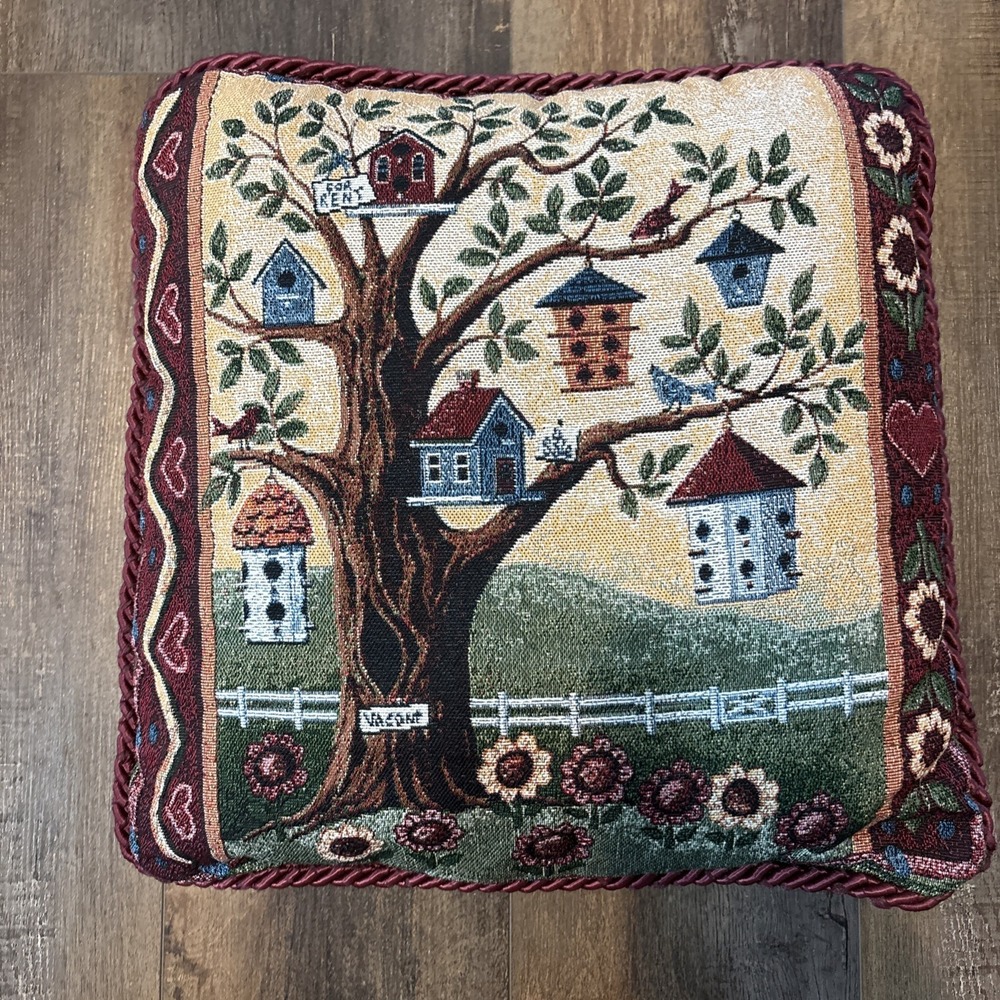 Vintage Tapestry Birdhouses Throw Pillow Red Cording Country Cottage Farmhous